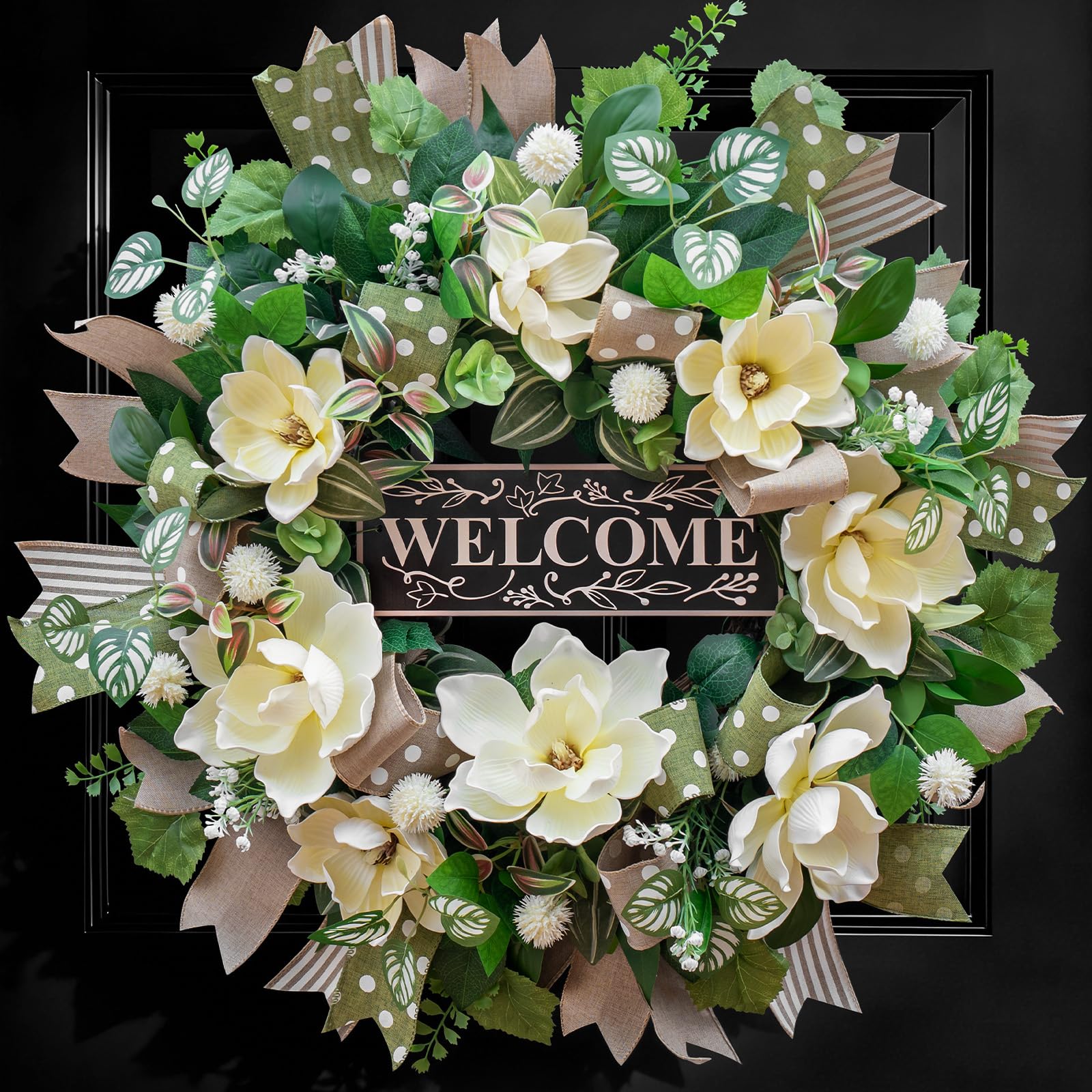 Soomeir magnolia wreath features white blooms for timeless curb appeal.