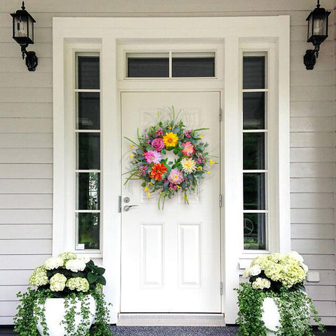 Soomeir wreath highlights dahlias and peonies for a vibrant, welcoming entrance.