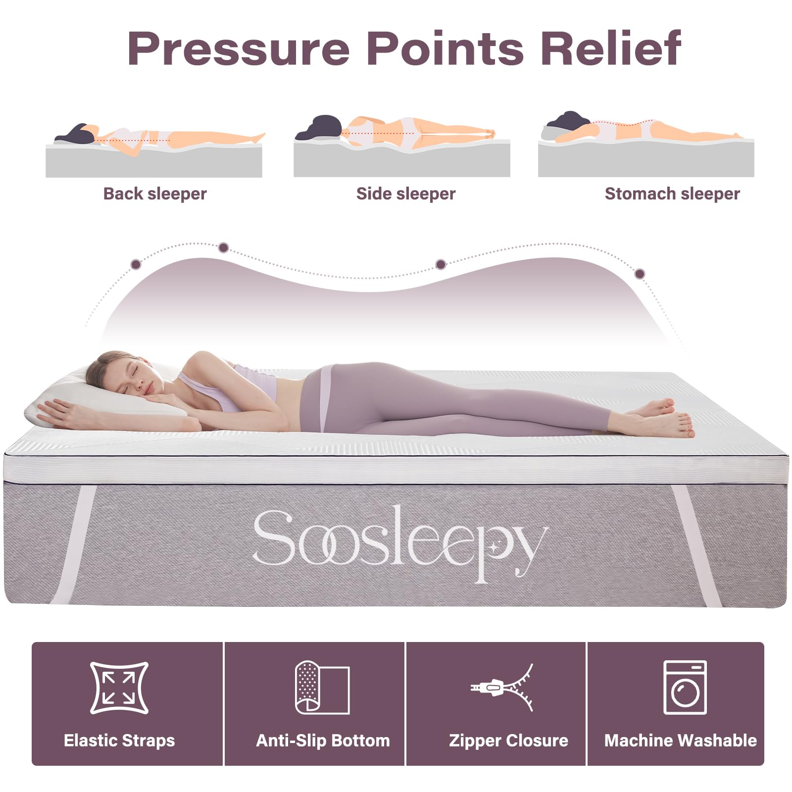 SOOSLEEPY non-slip design with elastic straps keeps topper secure on bed.