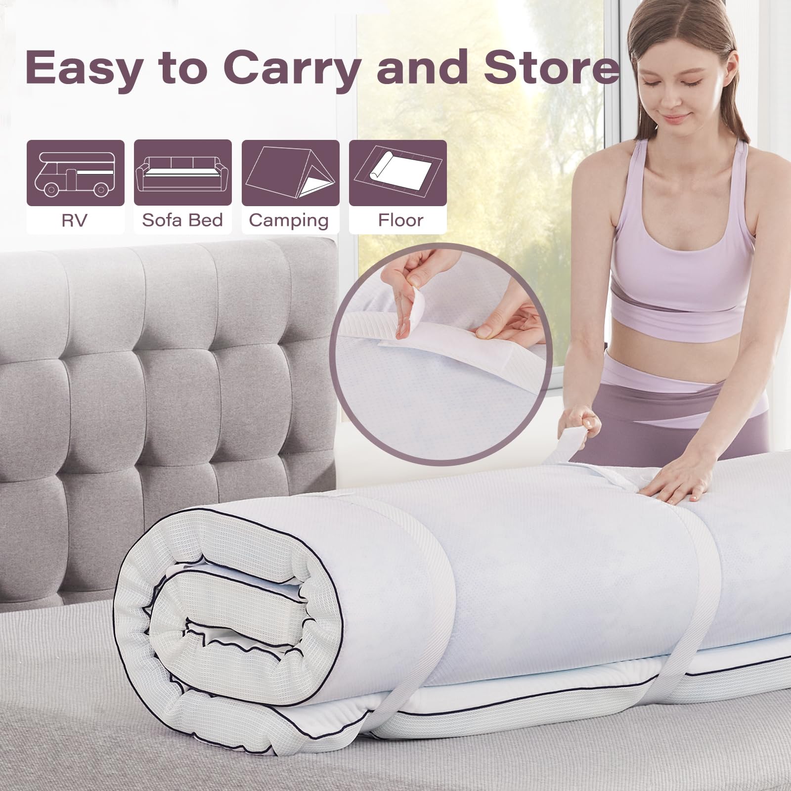 SOOSLEEPY portable, lightweight topper ready for travel and easy transport.