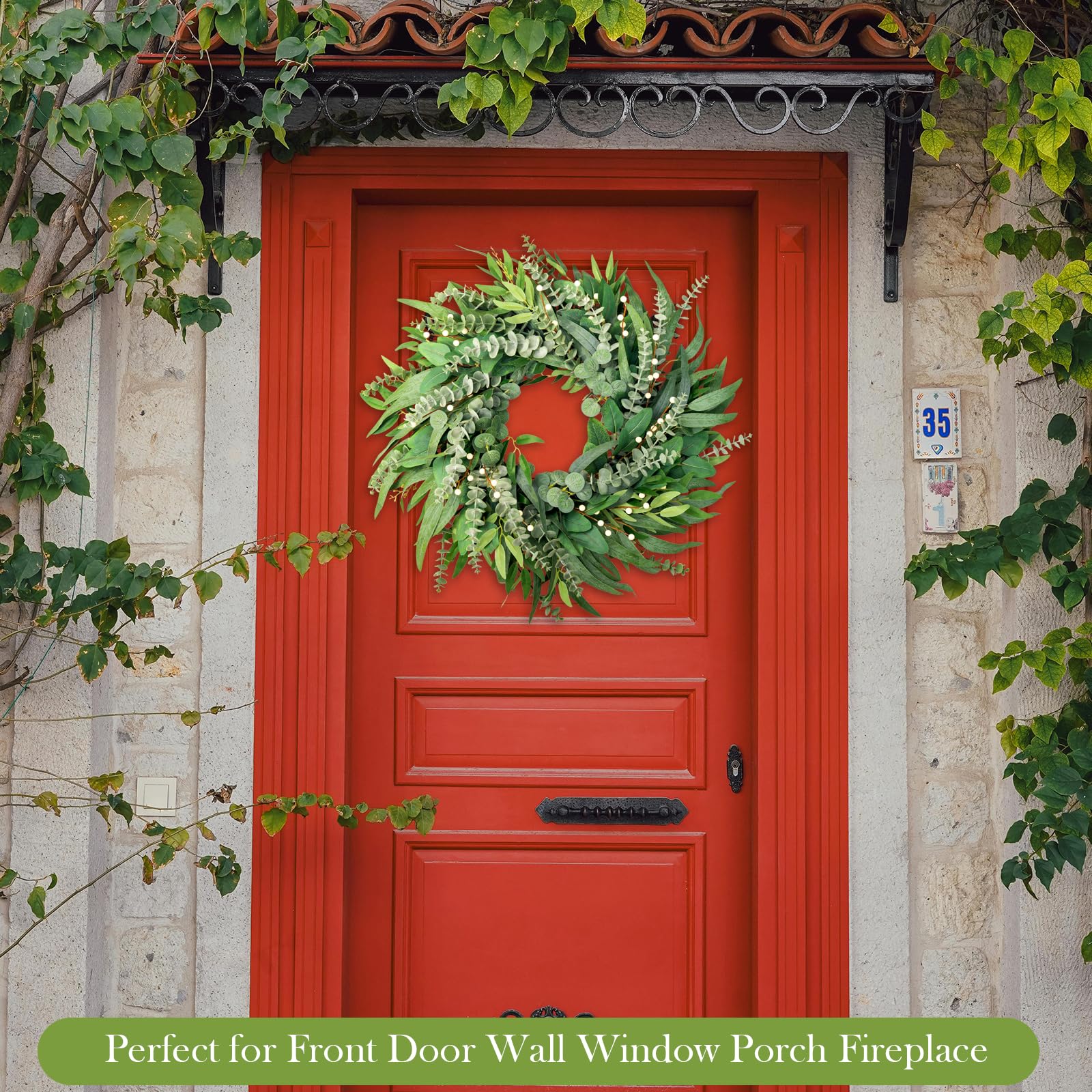 Soosubel eucalyptus wreath close-up showing realistic greenery for natural-looking decor.