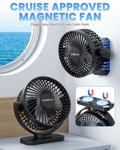 SOQSYS 12000mAh battery powers the fan and charges devices via USB
