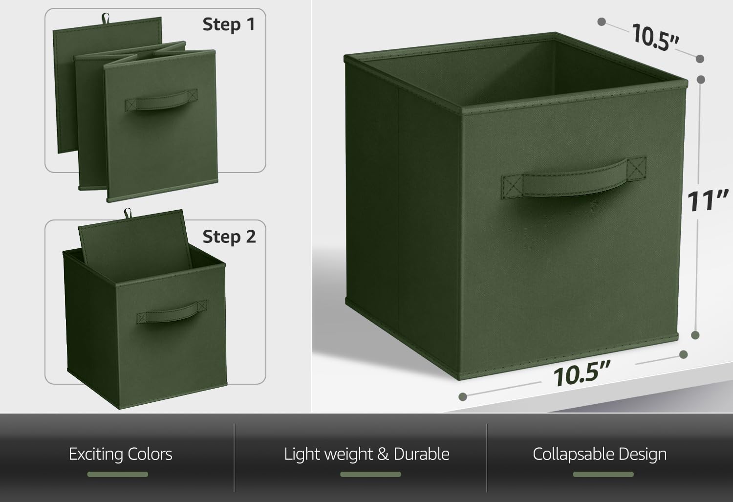 Sorbus Foldable Storage Cubes measuring 11 inches tall to fit on shelves.