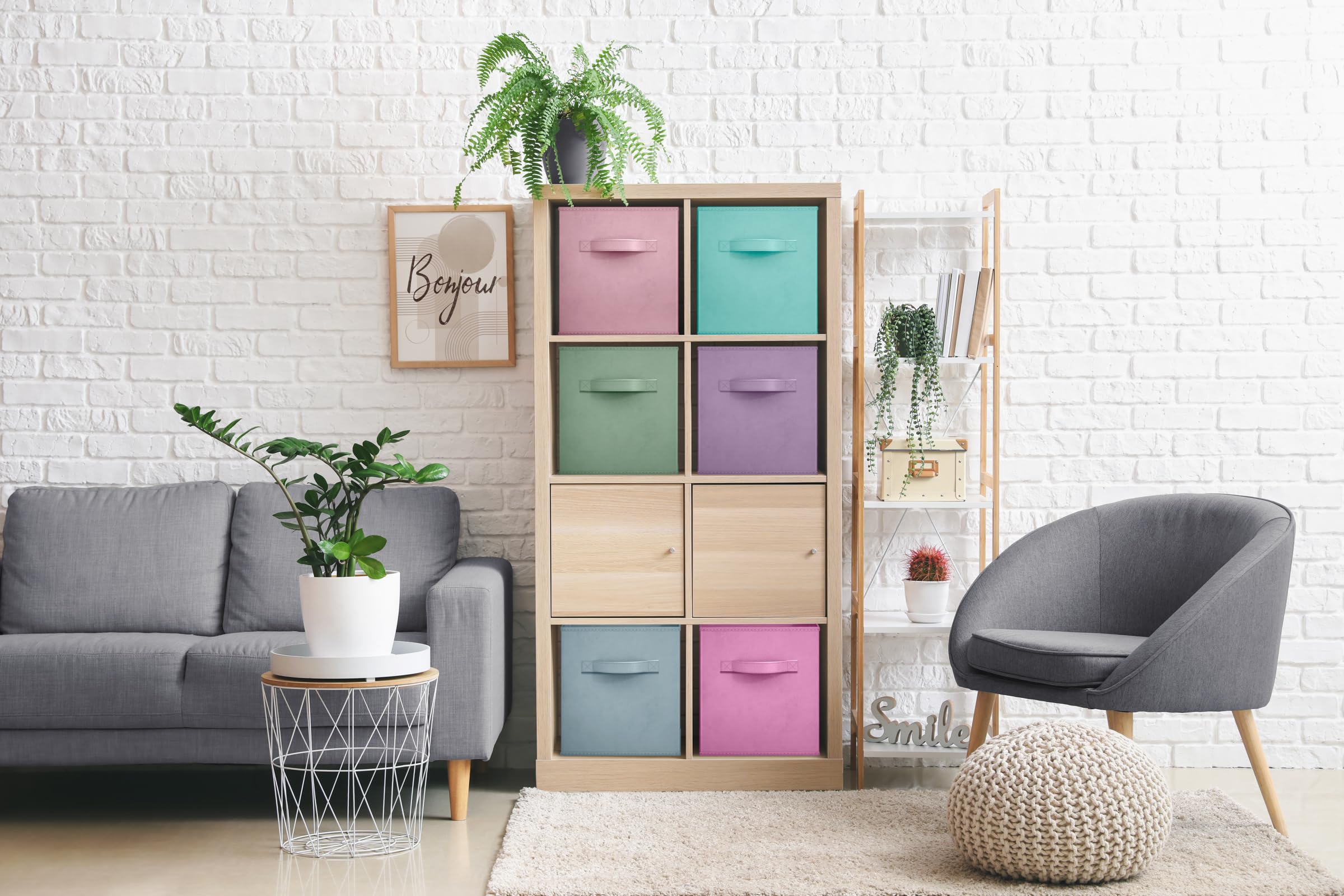 Sorbus 11-inch collapsible cube bins shown folded flat for space-saving storage.