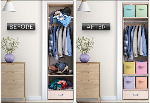 Sorbus 6-pack storage bins in laundry area simplify clutter.