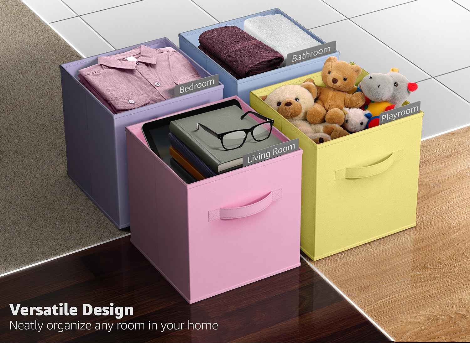 Sorbus cube storage bins on bookshelf keep toys neatly organized.