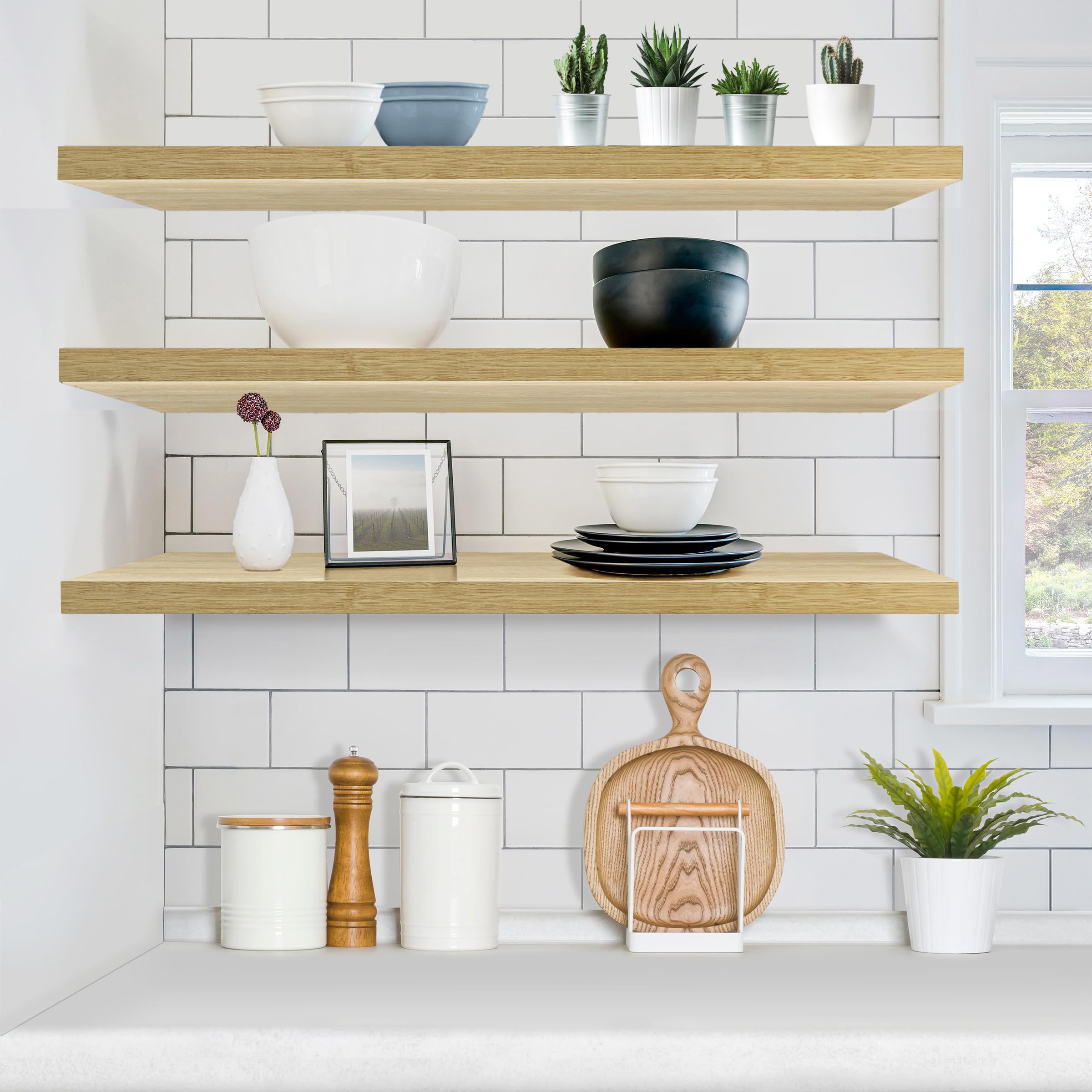 Sorbus shelves in a bedroom display warm, organized items.