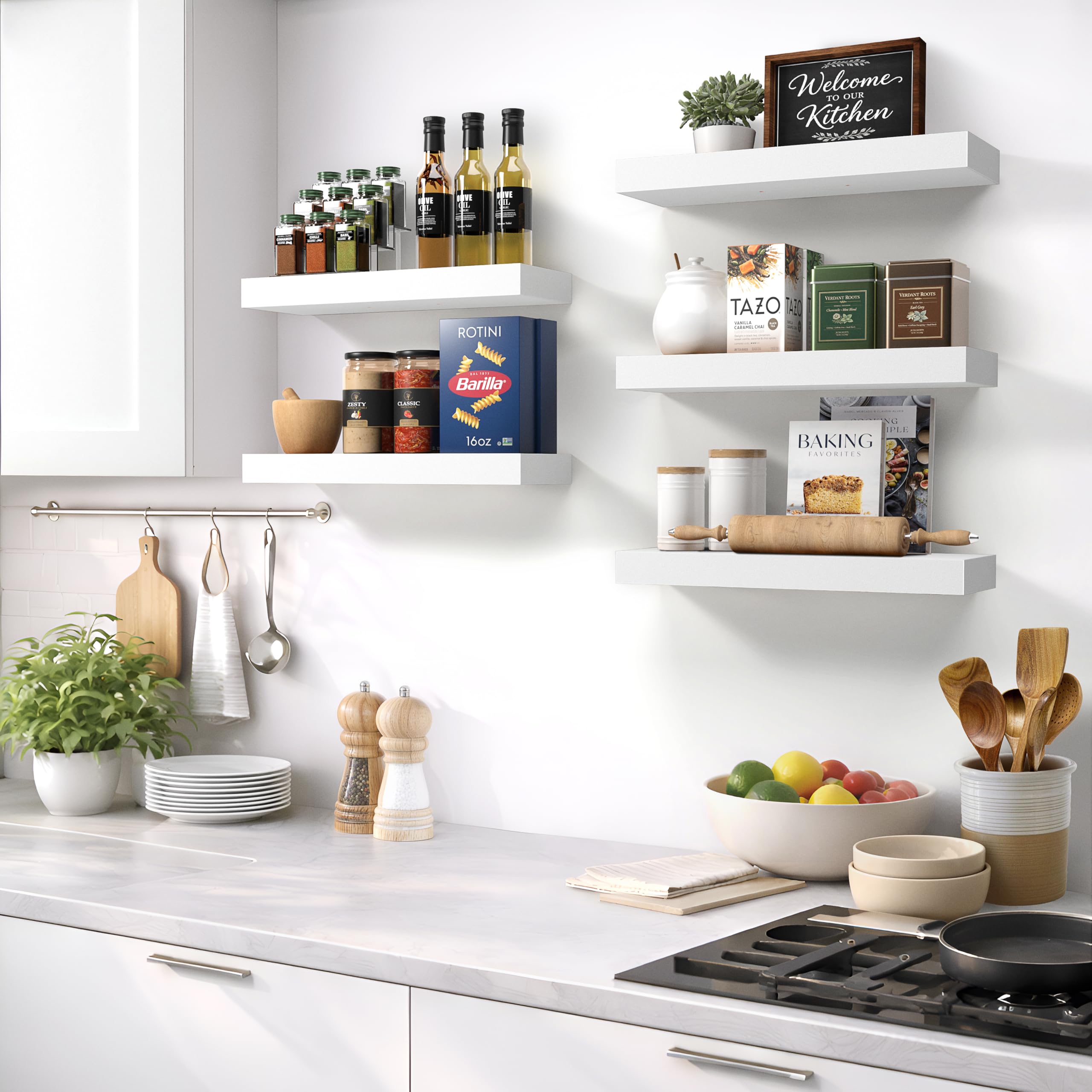 Sorbus bedroom gallery wall with white floating shelves for photos.