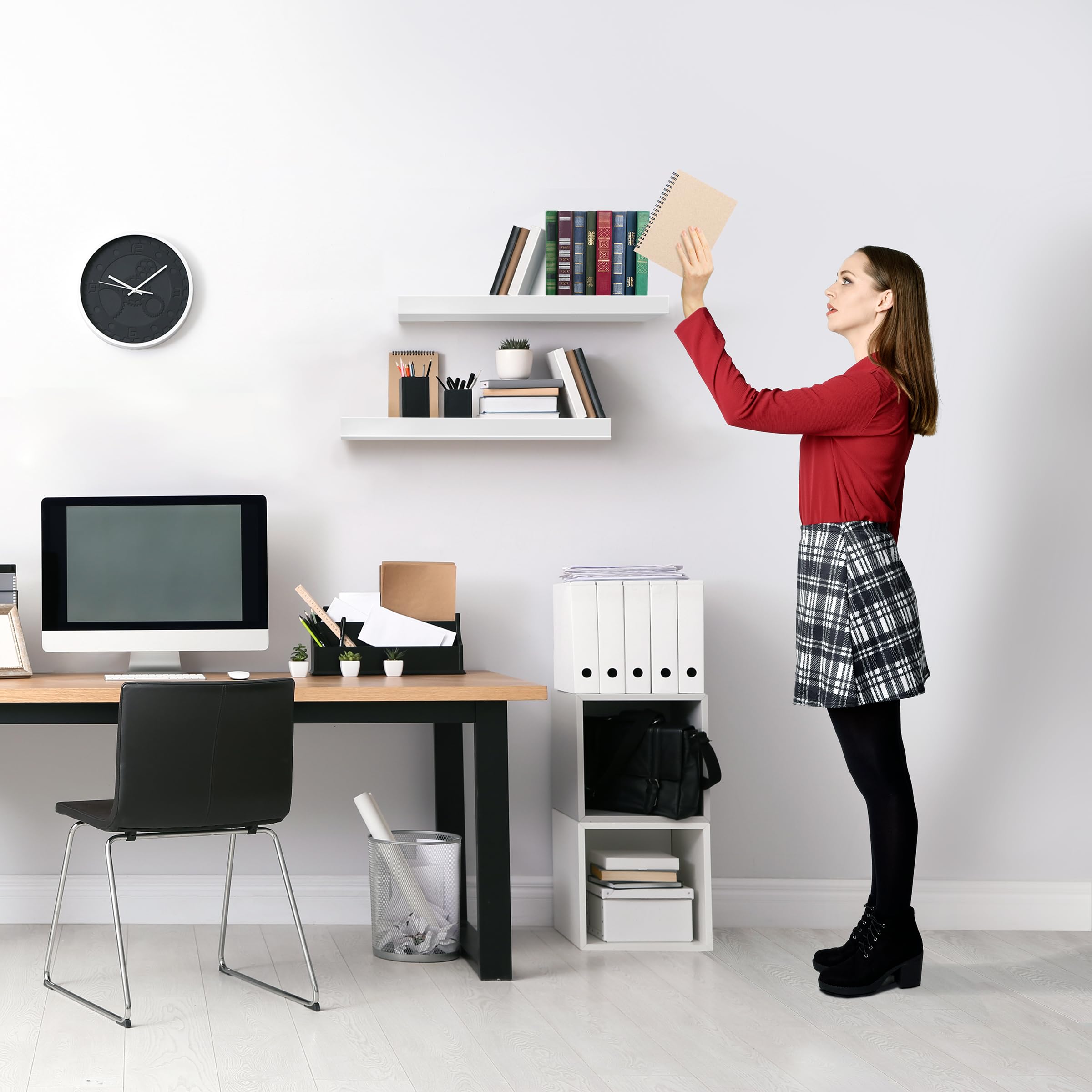 Sorbus floating shelves office organization white hold books and desk supplies.
