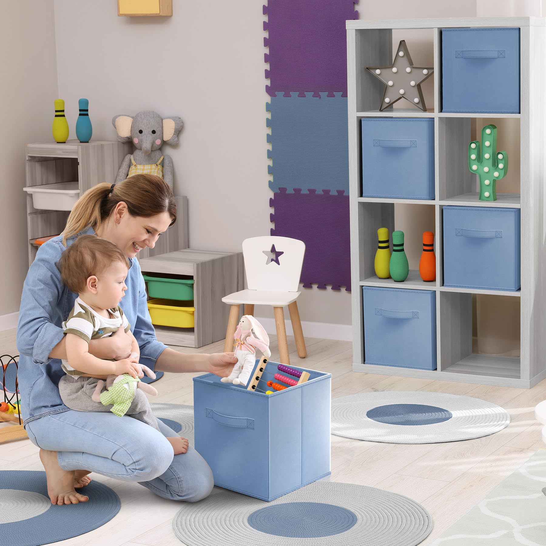 Sorbus foldable storage cubes on a shelf maximize space and accessibility.