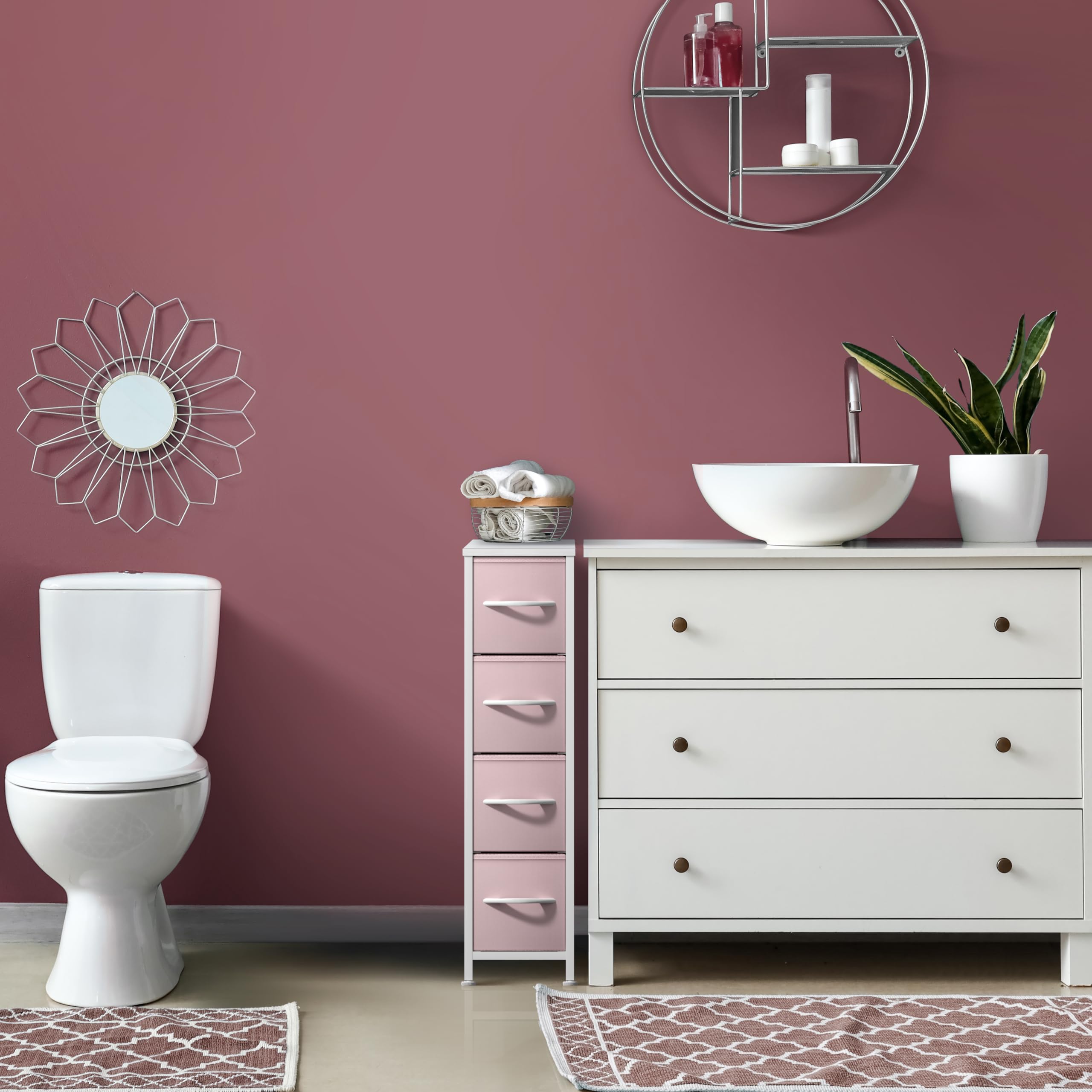 Sorbus Kids Narrow Dresser placed in a cozy bedroom setup for organization.