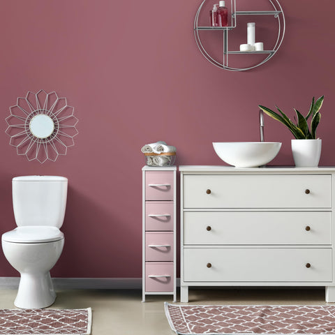Sorbus Kids Narrow Dresser placed in a cozy bedroom setup for organization.