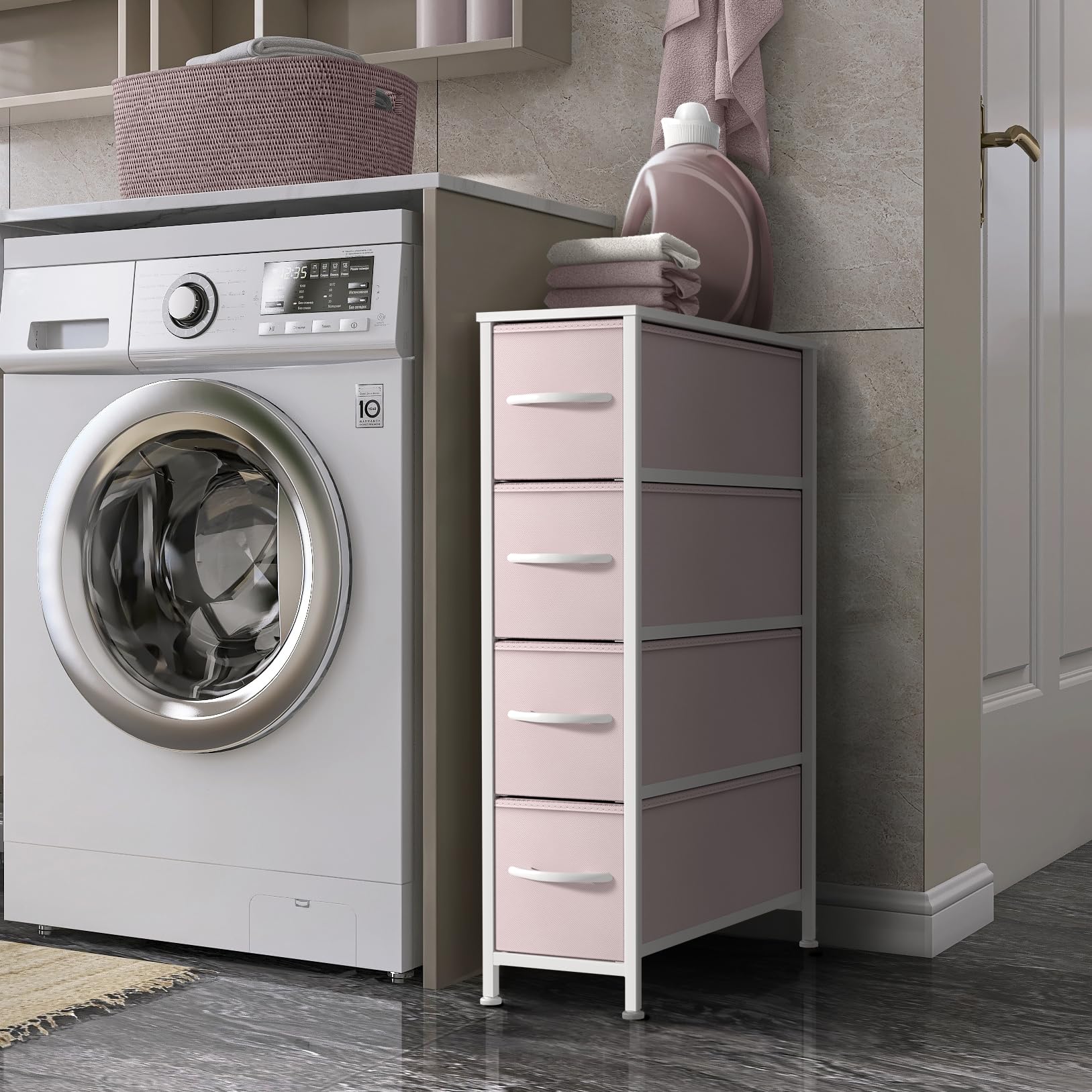 Sorbus Kids Narrow Dresser showing four fabric drawers in a compact space.