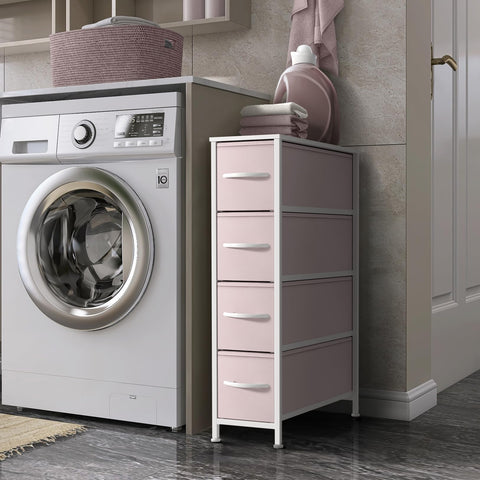 Sorbus Kids Narrow Dresser showing four fabric drawers in a compact space.