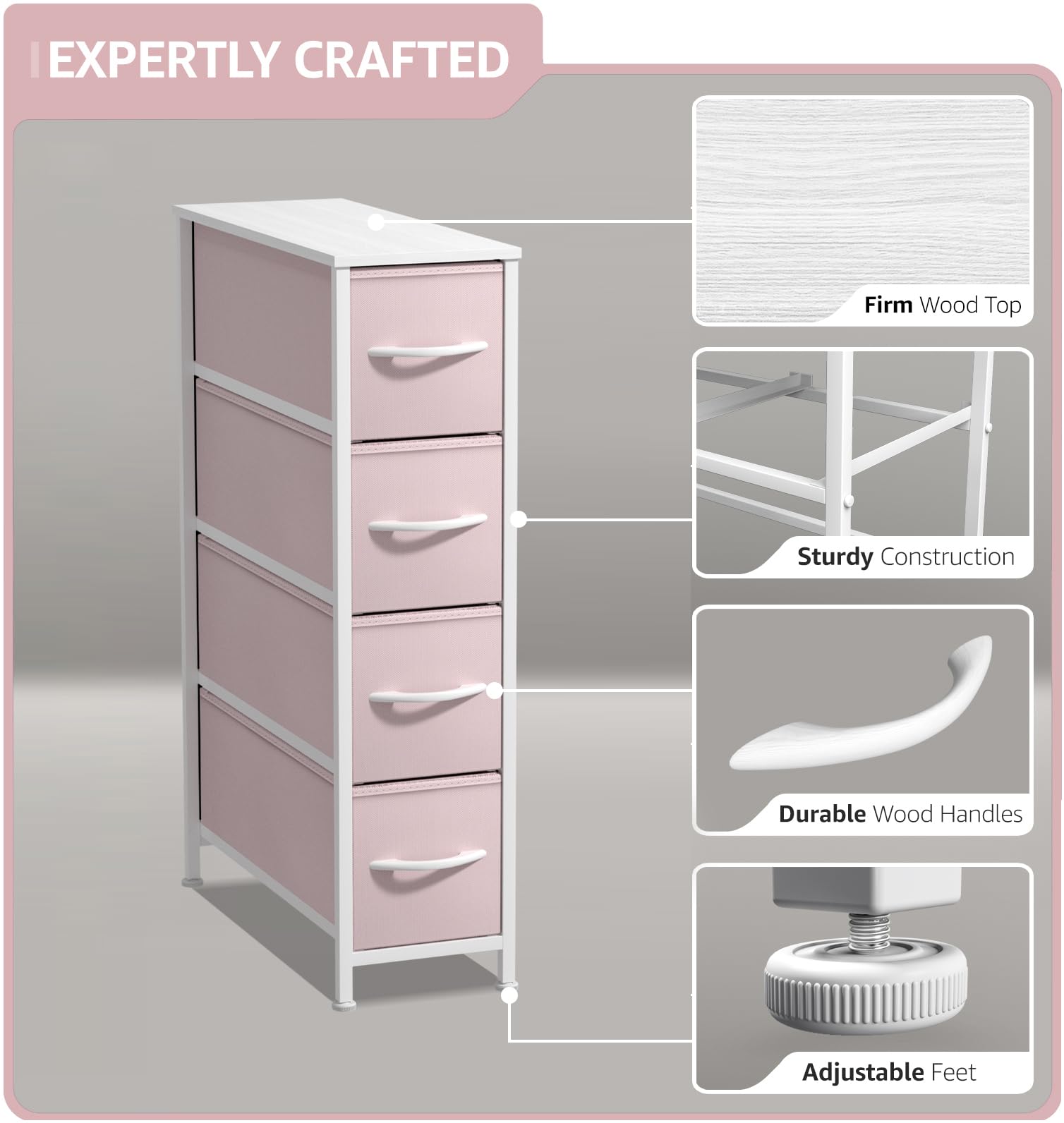Side view of Sorbus narrow dresser highlighting steel frame and fabric drawers.