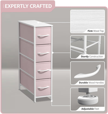 Side view of Sorbus narrow dresser highlighting steel frame and fabric drawers.