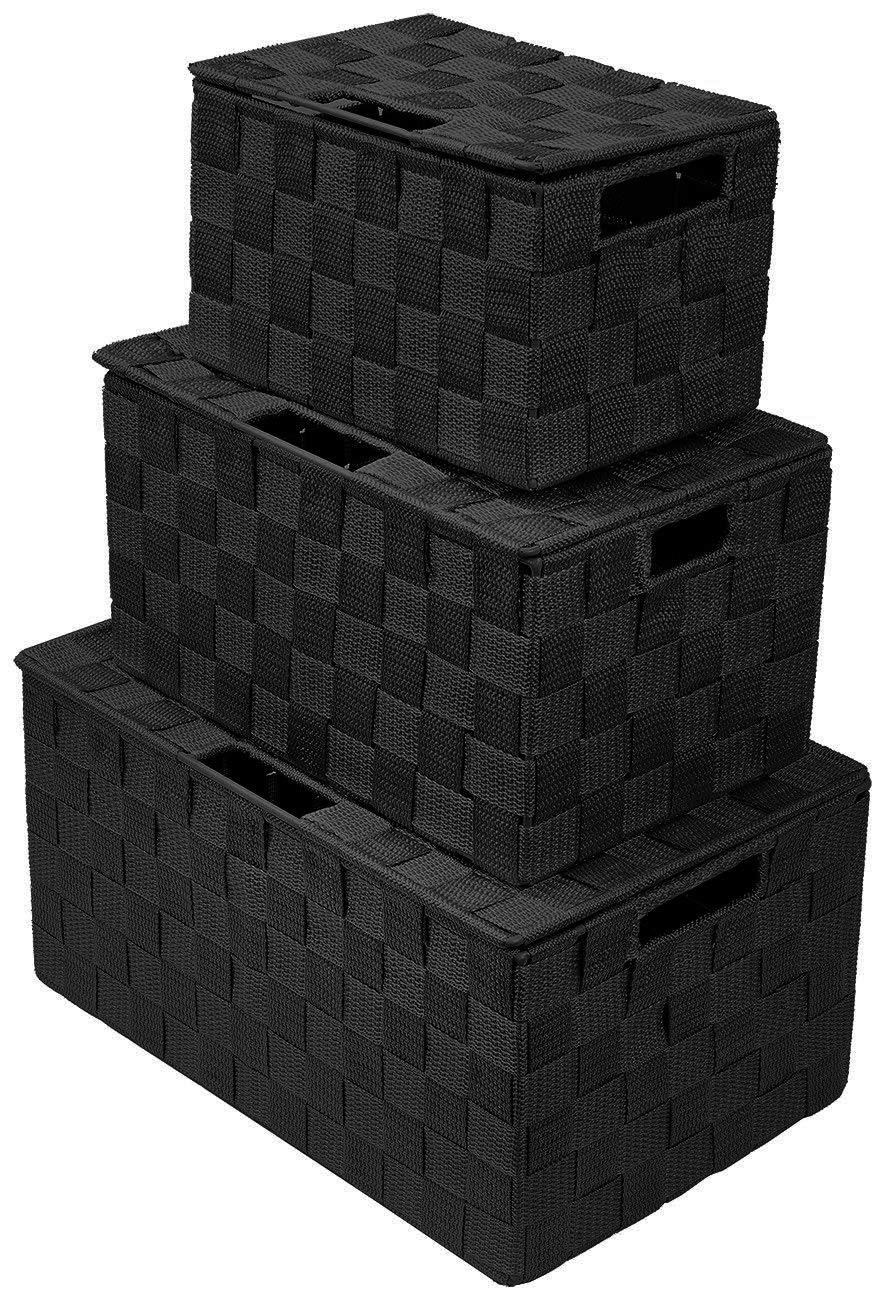 Sorbus set of three black woven baskets with lids, front view for closet organization.