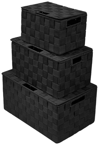 Sorbus set of three black woven baskets with lids, front view for closet organization.