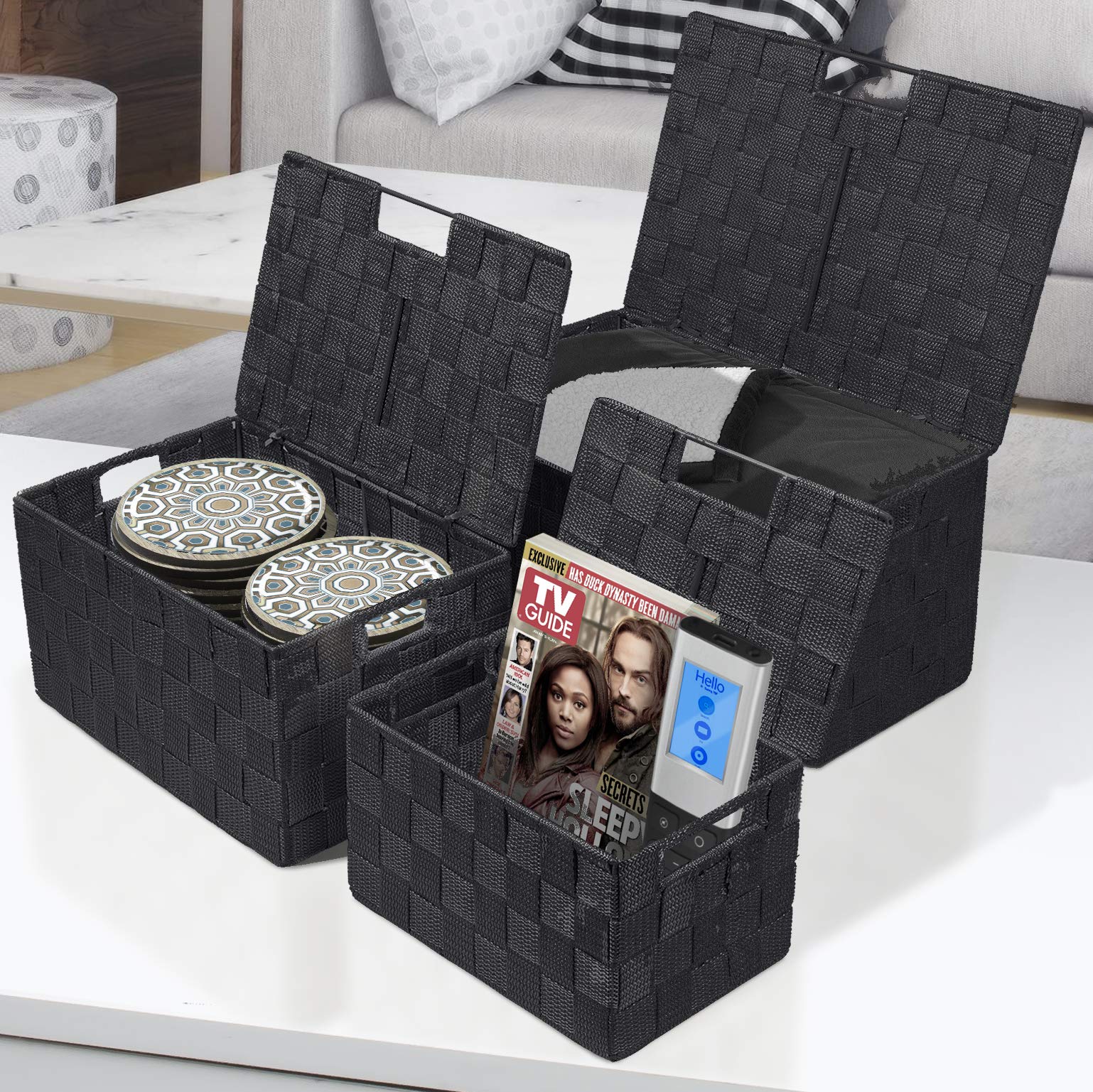 Sorbus set with lids open, easy access storage for kids toys or cosmetics.