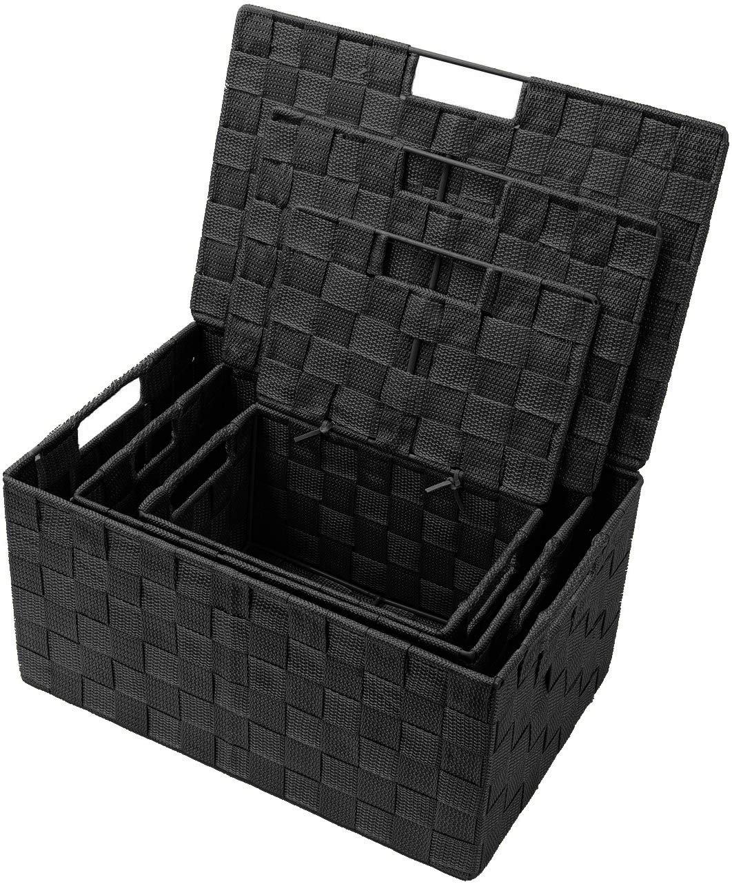 Sorbus stackable black woven baskets maximize space on shelves.