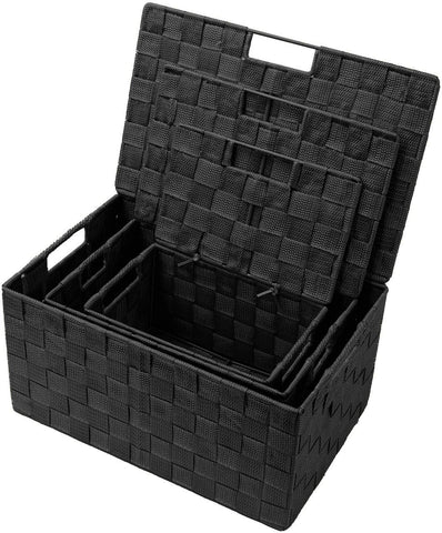 Sorbus stackable black woven baskets maximize space on shelves.