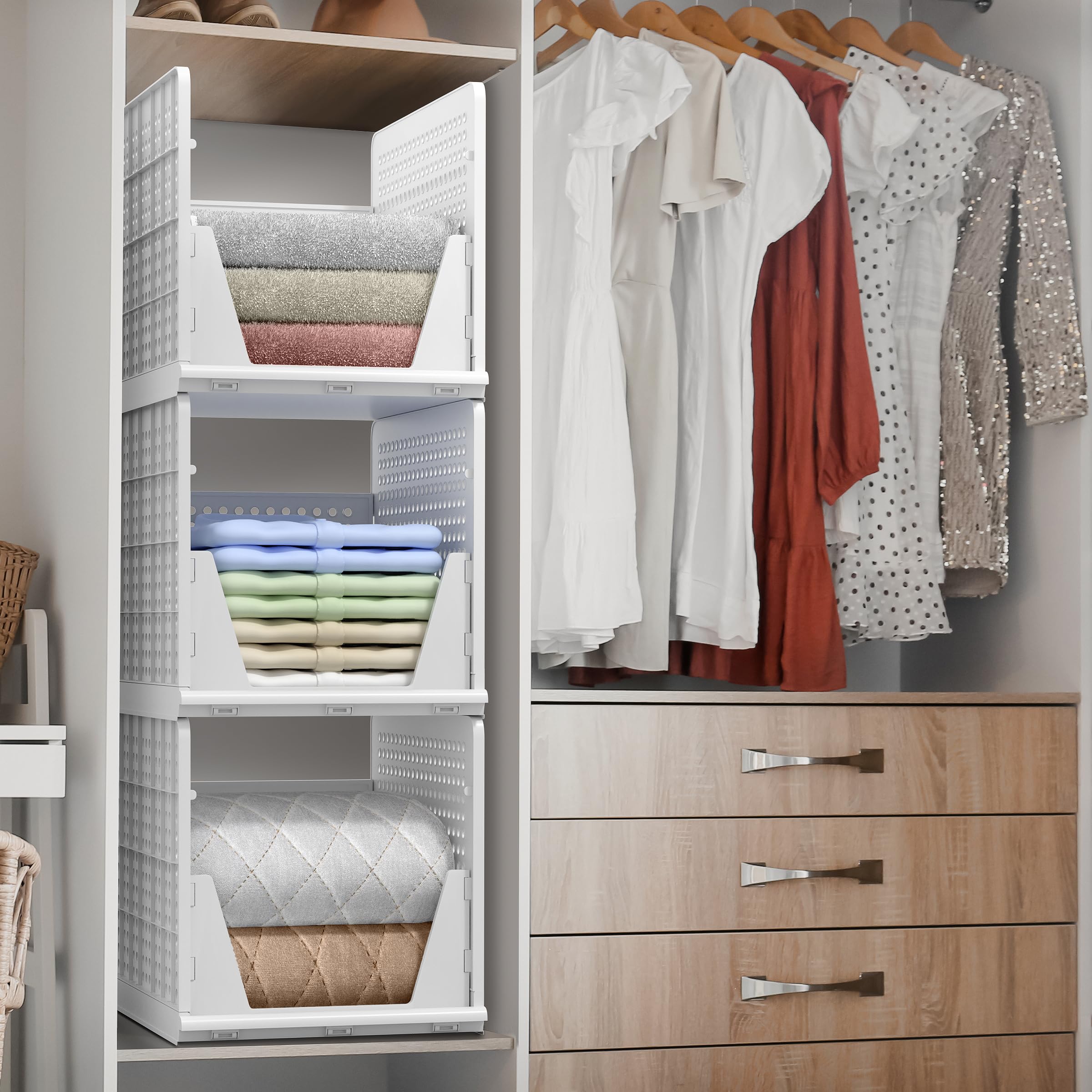 Sorbus baskets in closet demonstrate tidy storage for shoes and accessories.