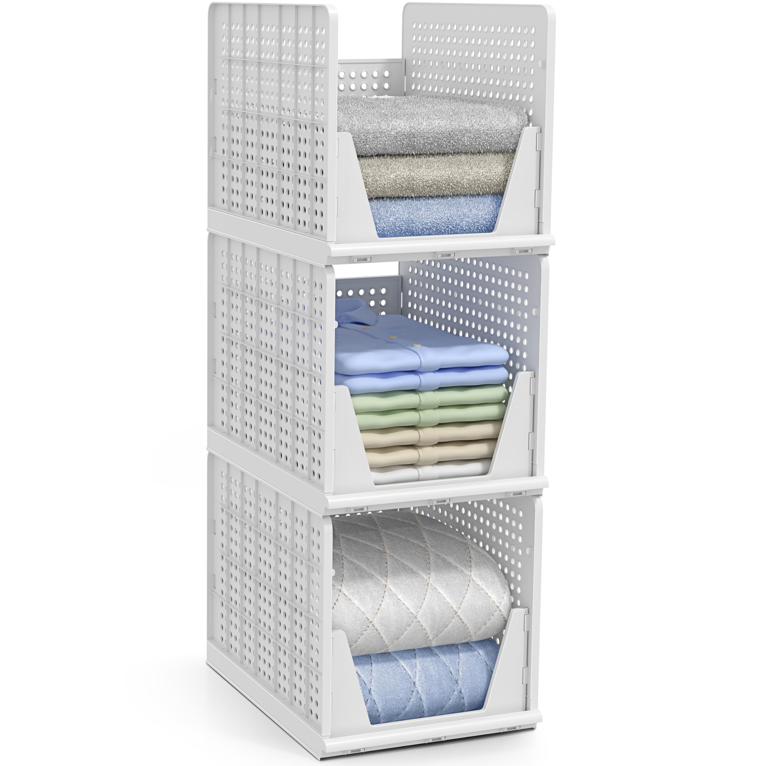 Sorbus stackable shelf organizer baskets with open-front design for quick access to clothes.