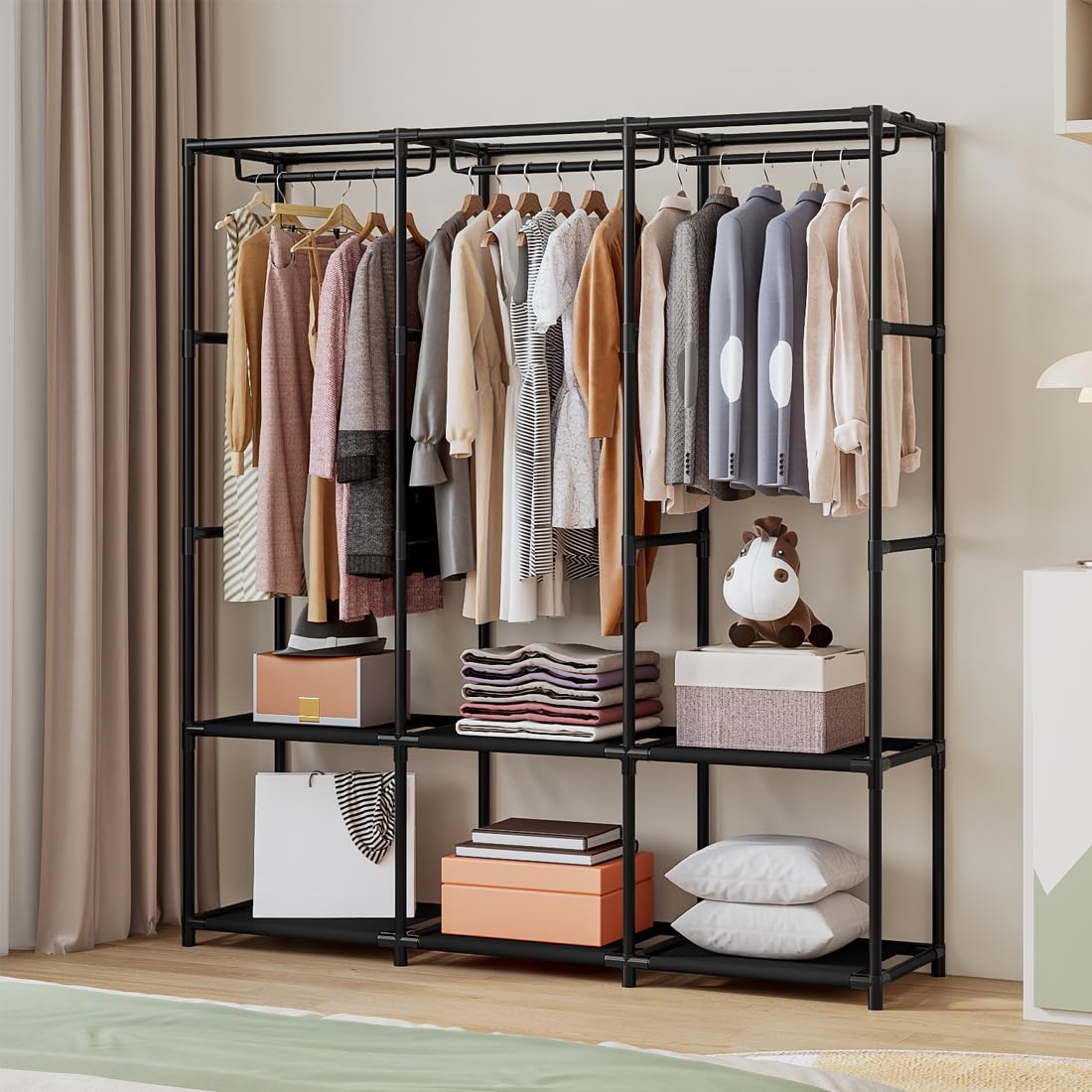 SORCEDAS portable closet dustproof cover view demonstrates clothing protection from dust and moisture.