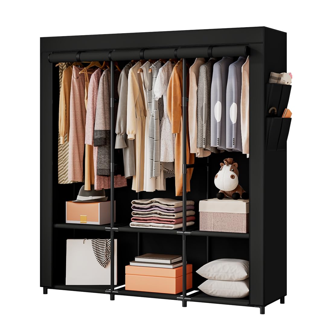 SORCEDAS portable closet fully assembled in black showcases spacious wardrobe storage.