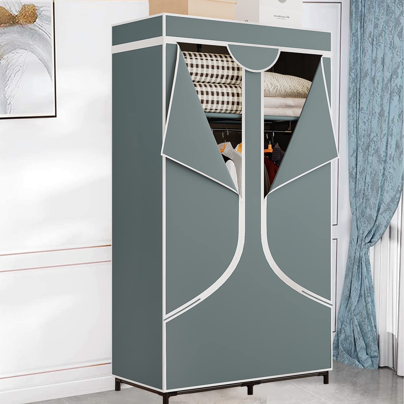 SORCEDAS portable wardrobe side view reveals ample vertical space for garments
