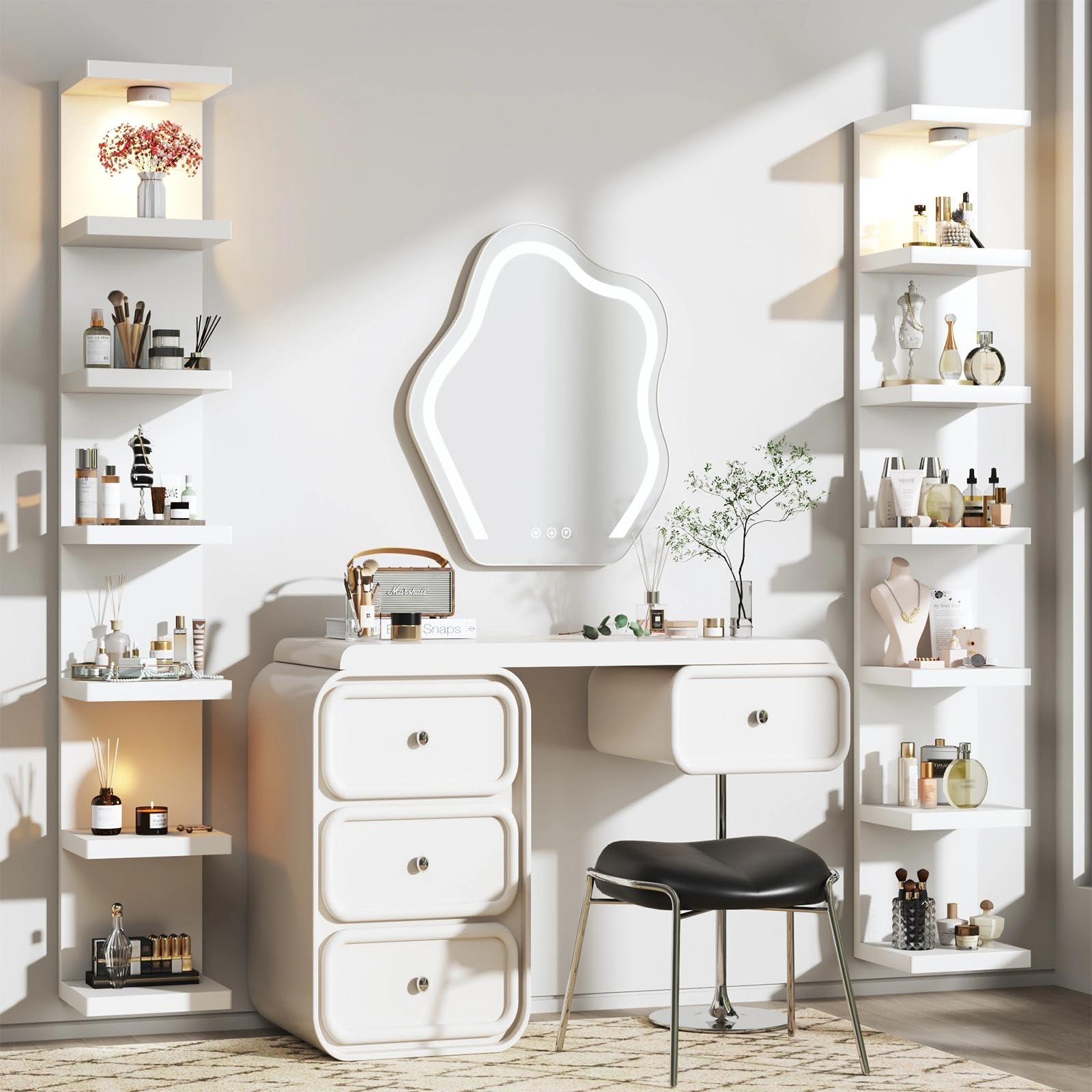 Sortique bedroom display on a 7-tier wall shelf showcasing accessories.