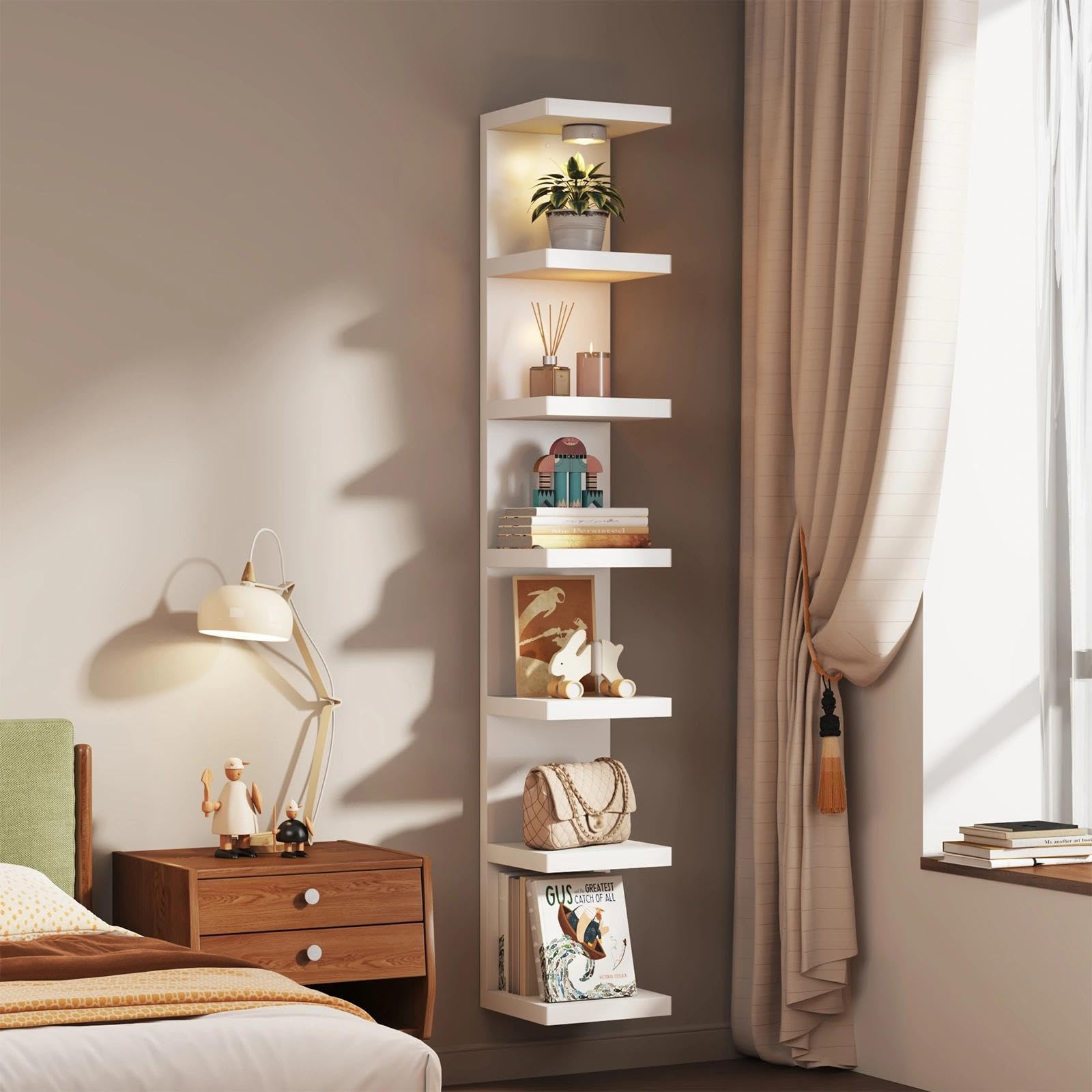 Sortique engineered wood 7-tier shelf emphasizing durability and capacity.