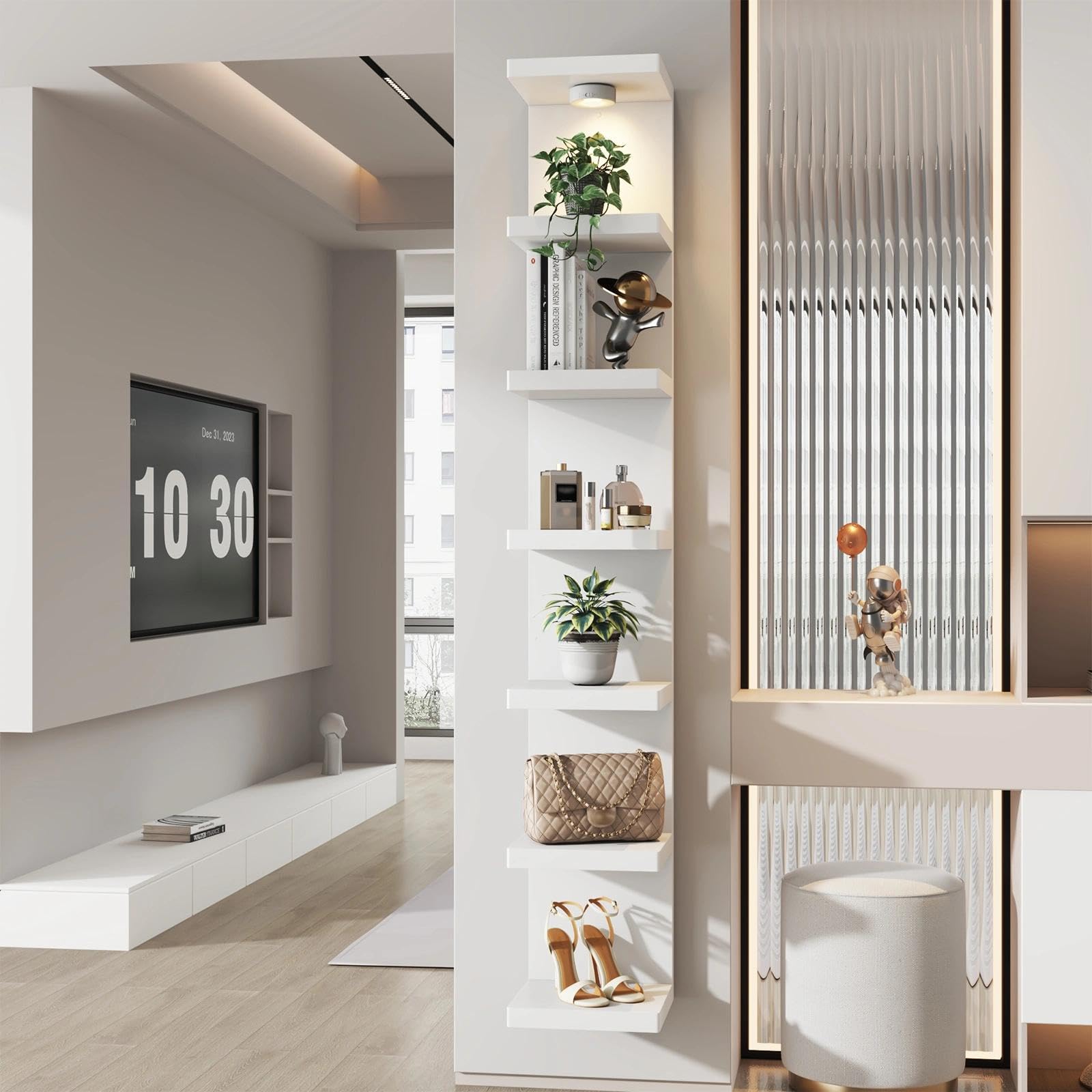 Sortique living room display with tall wall shelf and decorative items.