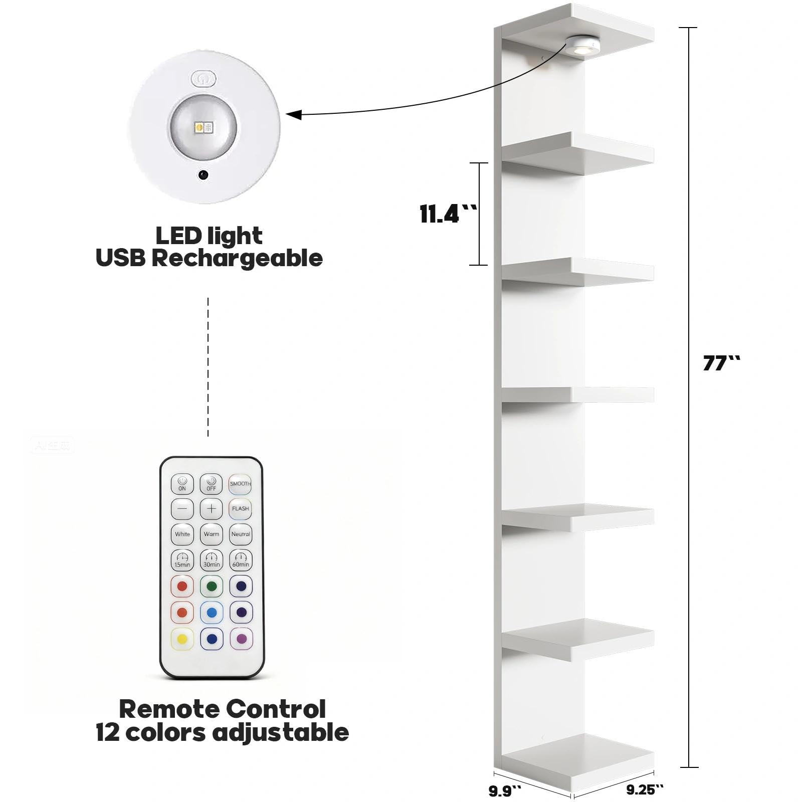 Sortique 7-tier display shelf showing remote-controlled ambiance for organized accessories.
