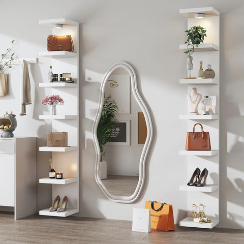 Sortique vanity setup on a 7-tier wall shelf with organized cosmetics.