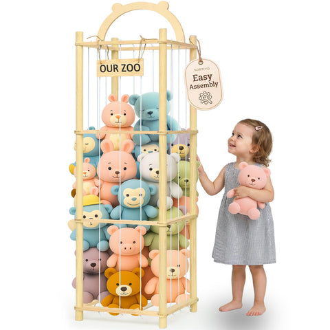 Sortivo stuffed animal storage with three figurines neatly organizes plush toys.
