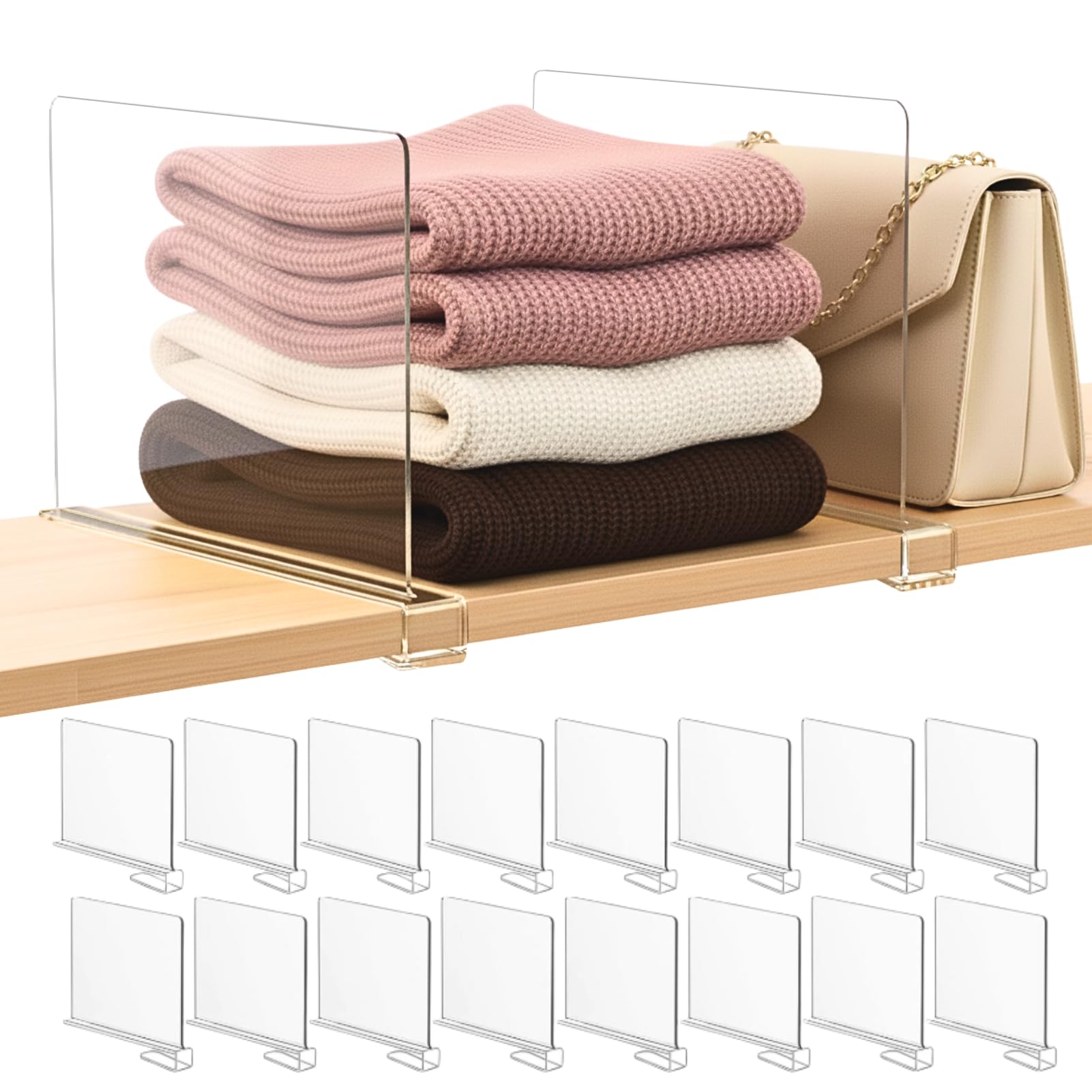 SortNStore acrylic shelf dividers organize handbags on wood shelves for quick access