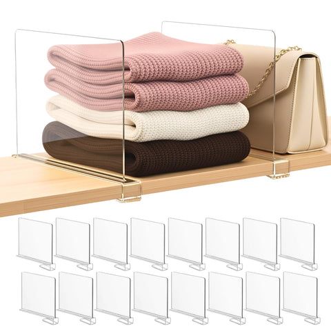 SortNStore acrylic shelf dividers organize handbags on wood shelves for quick access