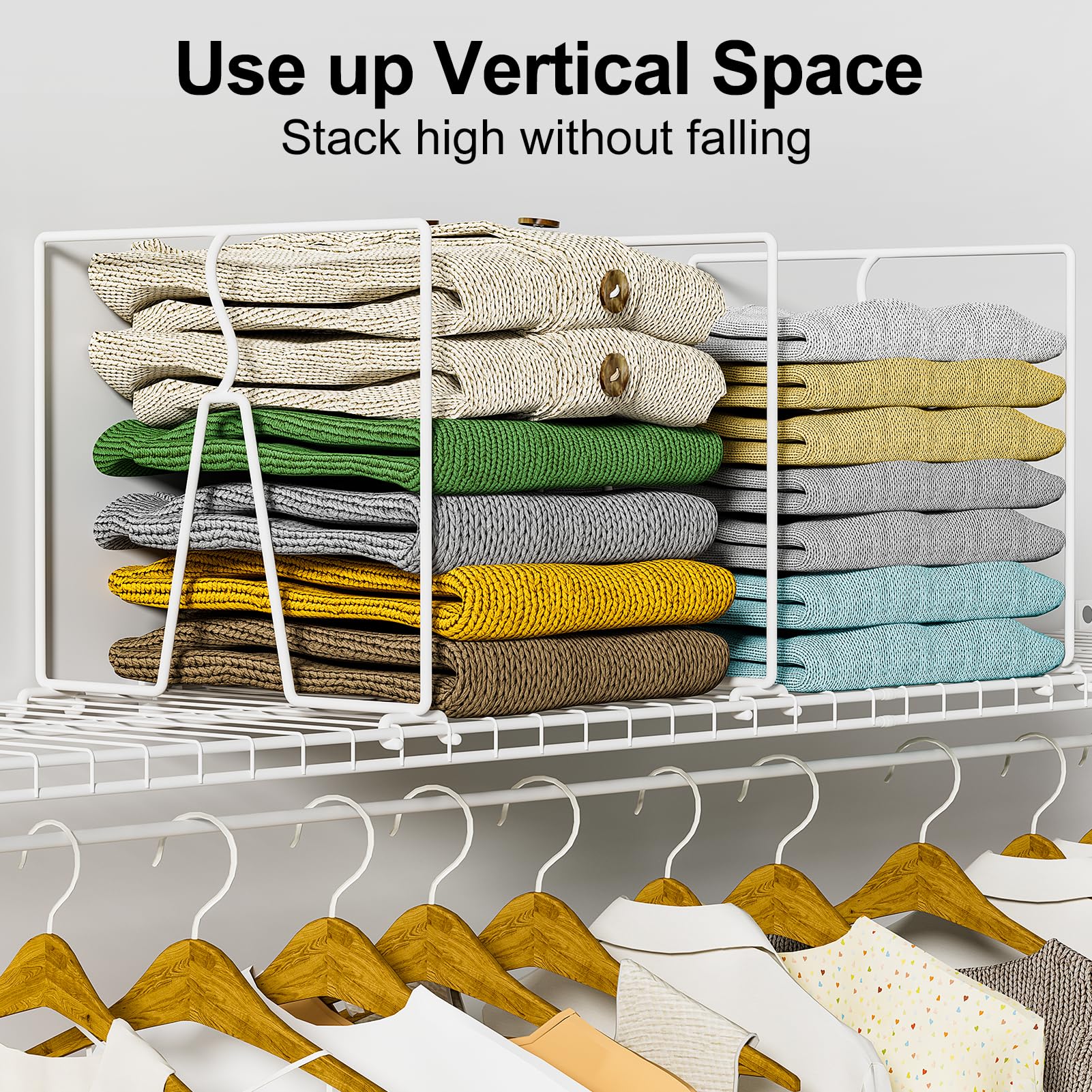 SortNStore heavy-duty metal dividers supporting stacked sweaters