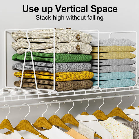 SortNStore heavy-duty metal dividers supporting stacked sweaters