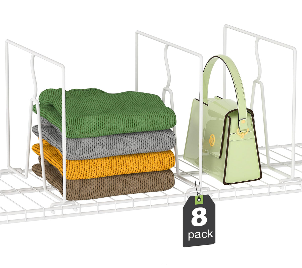 SortNStore wire shelf divider tall 8-pack organizing purses in a closet