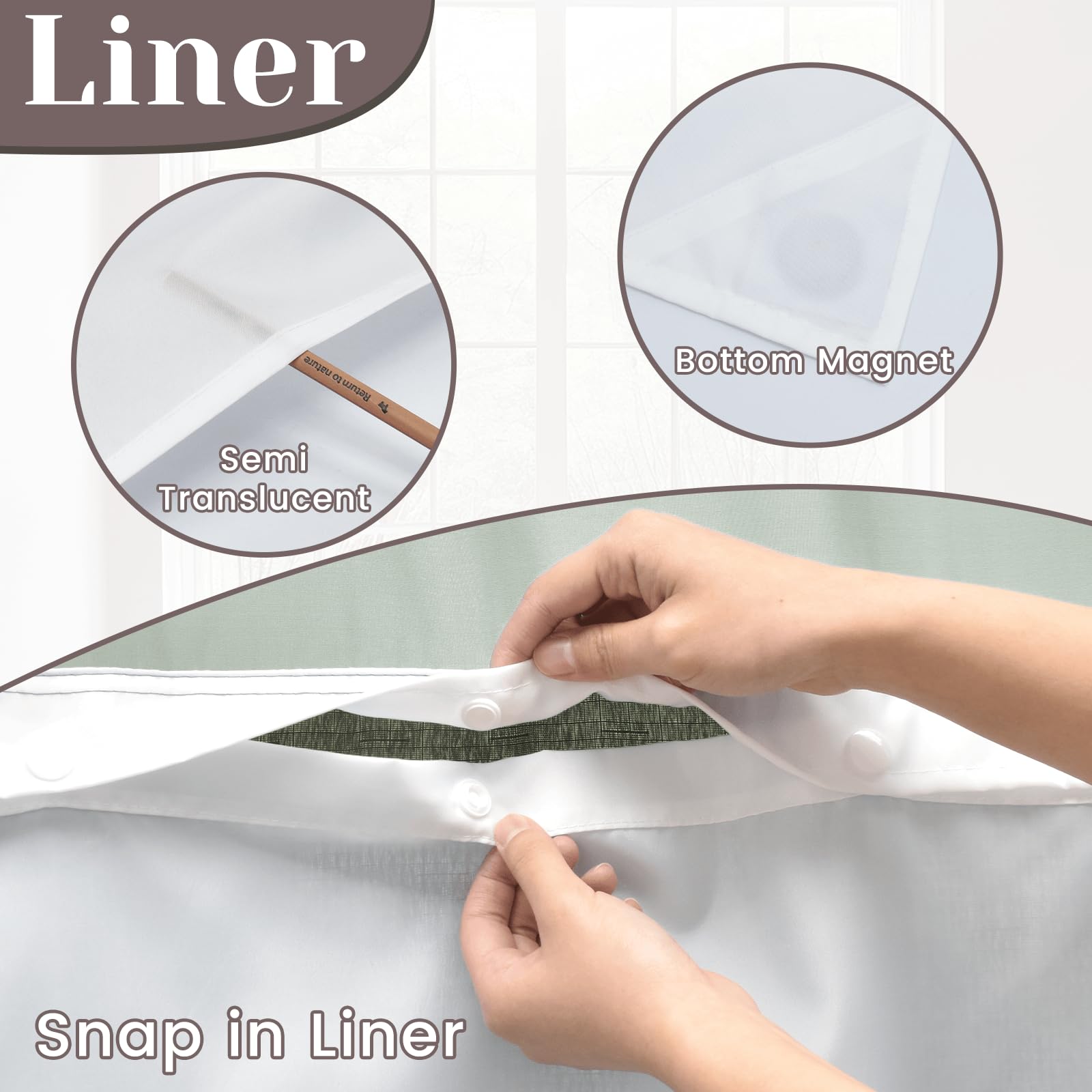 SORTTO Hotel-style fabric curtain in dark green delivers premium bathroom look and durability.