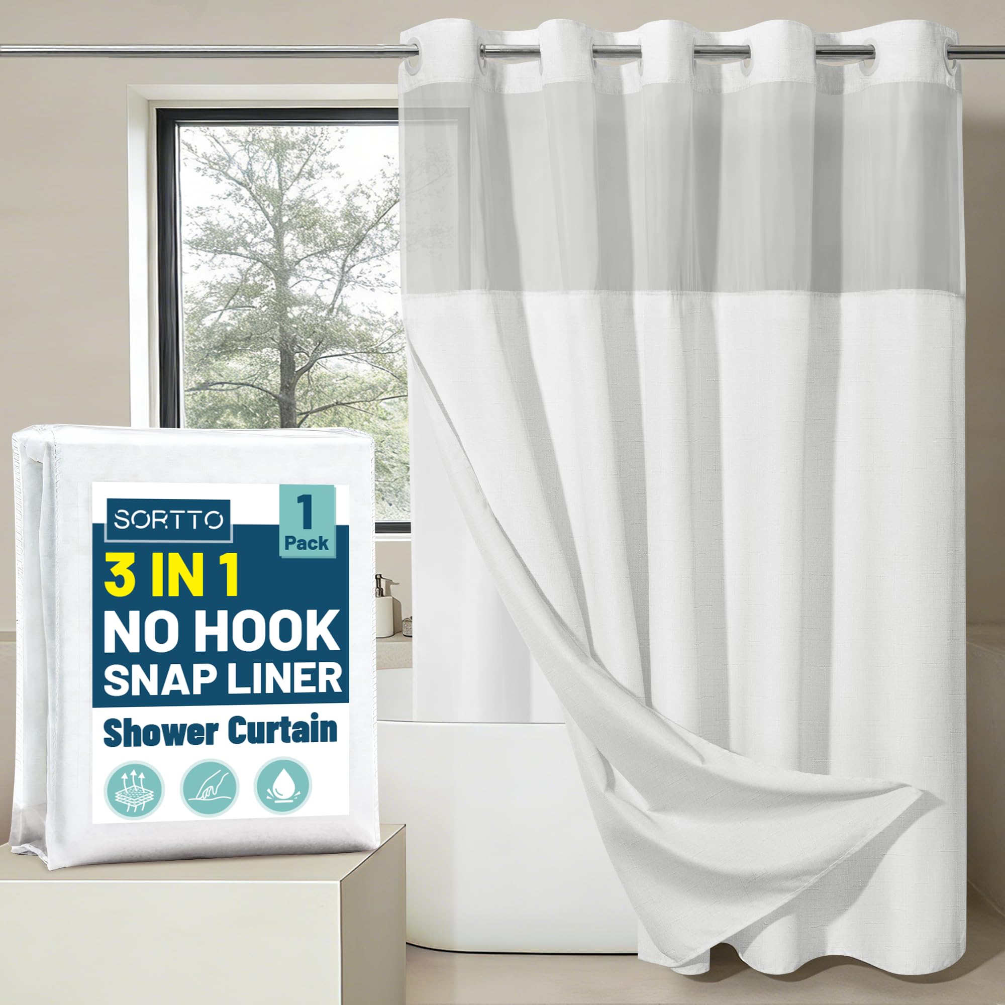 SORTTO no-hook slub-textured curtain outer fabric with fast-drying hotel-style look.