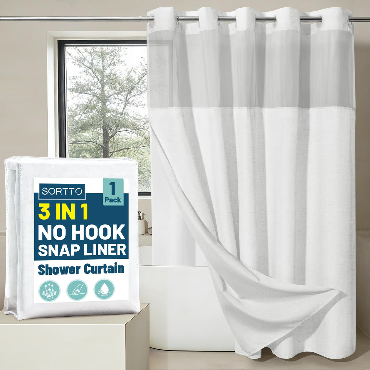 SORTTO no-hook slub-textured curtain outer fabric with fast-drying hotel-style look.