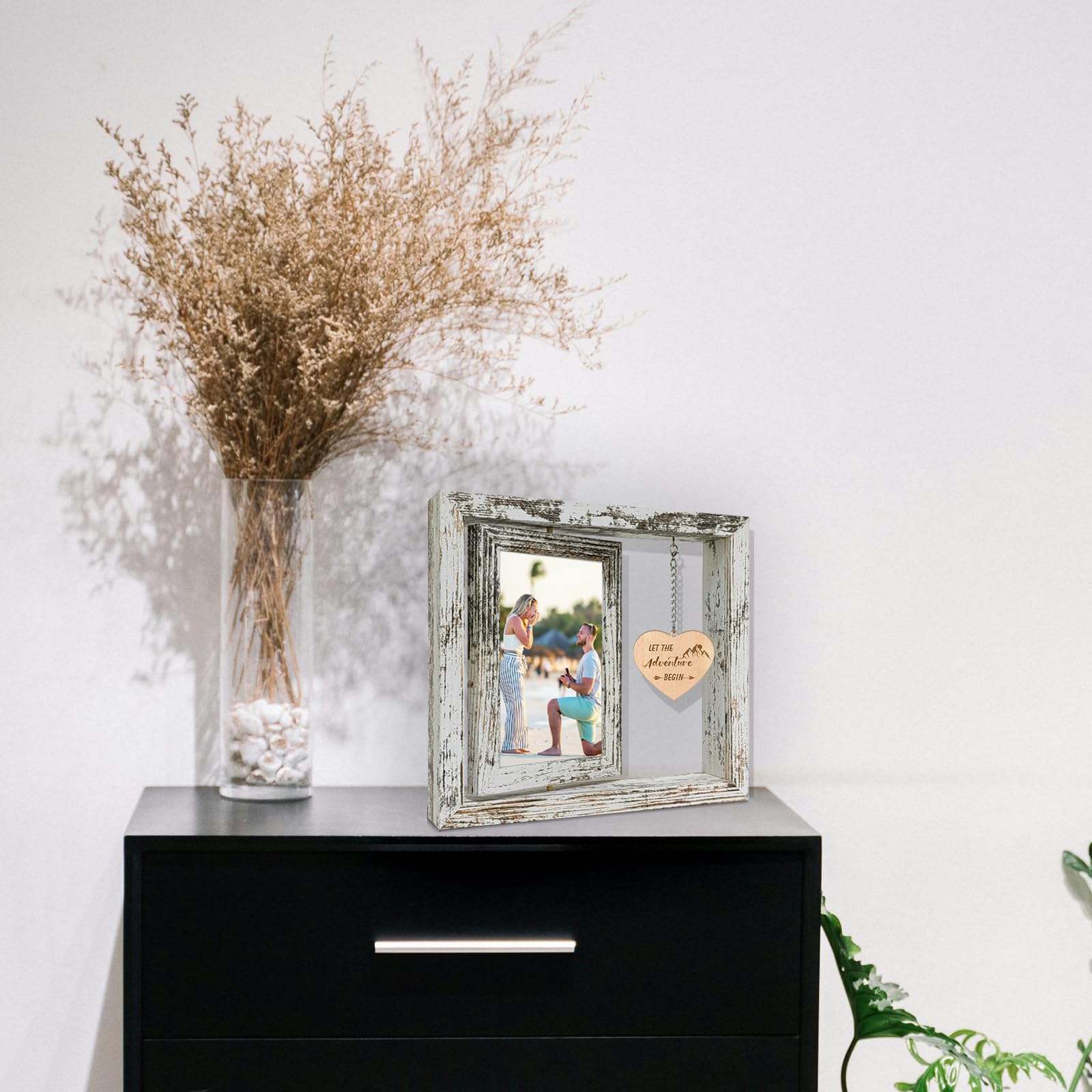 Soruney Distressed white wood finish adds rustic charm to engagement memories.