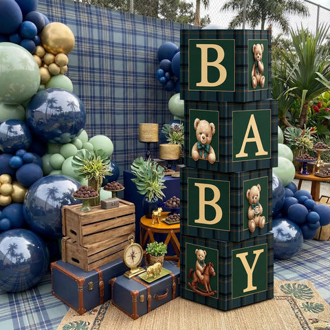 Sosation bear party centerpiece in green blue tartan for tables