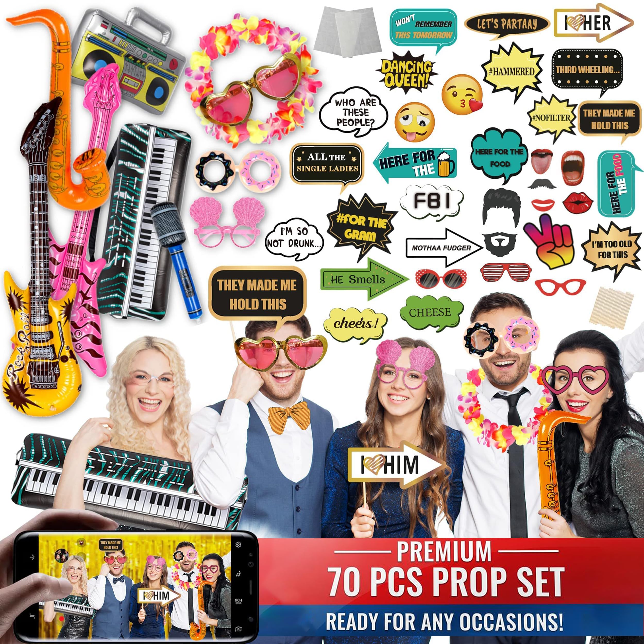 Soul Shift 70pc large prop set layout for photobooths, providing effortless setup and engaging guests.
