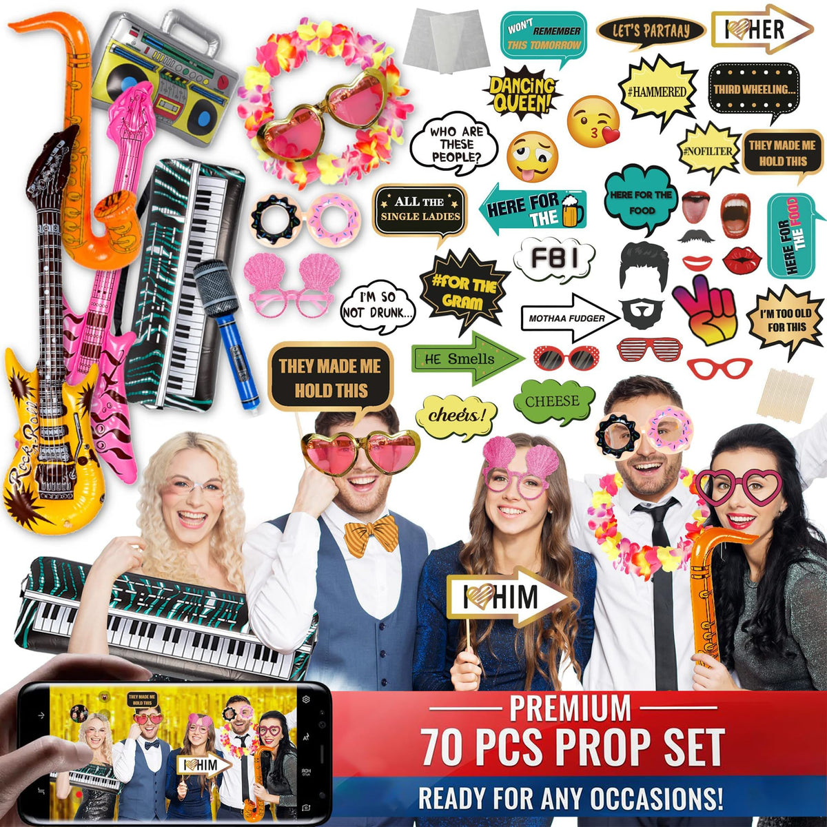 Soul Shift 70pc large prop set layout for photobooths, providing effortless setup and engaging guests.
