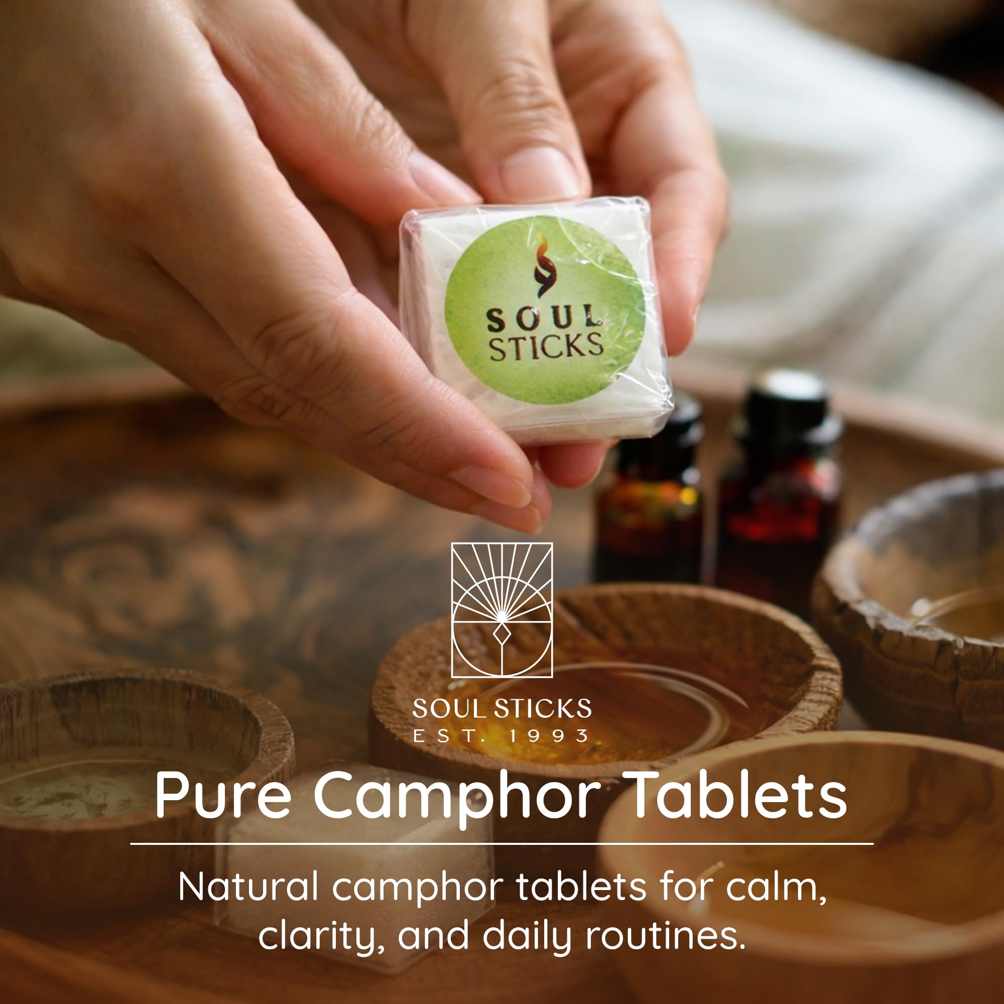 Soul Sticks pure camphor blocks product shot emphasizing purity and aroma.