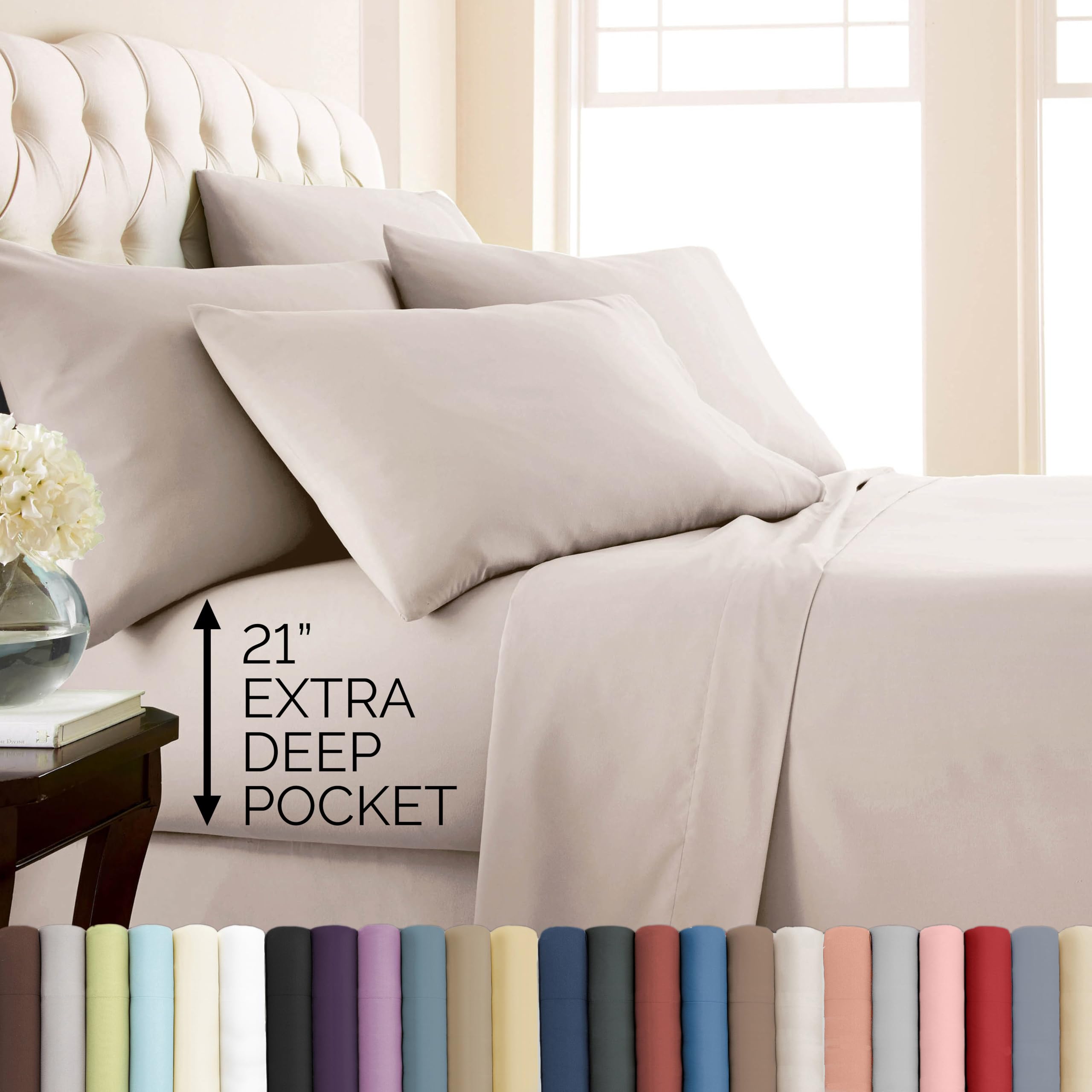 Southshore Fine Living 21-inch deep-pocket king fitted sheet on a thick mattress for a secure fit.
